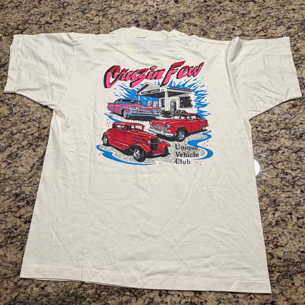 Vintage Cruzin Few Vehicle Club Car Graphic T-Shirt Single Stitch Cream L v